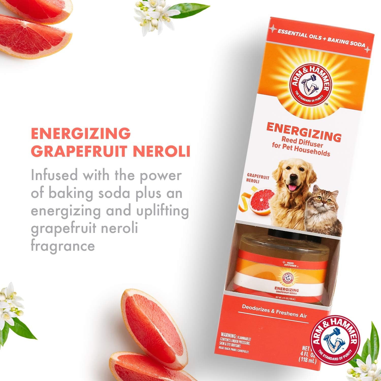 for Pets Energizing Reed Diffuser - 4 FL Oz Grapefruit Neroli for Effective Pet Odor Elimination