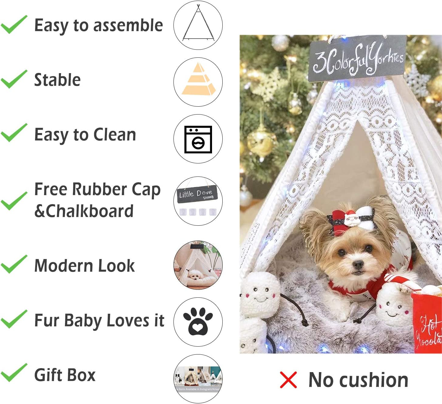 Portable Pet Teepee Bed for Dogs and Cats - 24 Inch Lace Style Tent Without Cushion