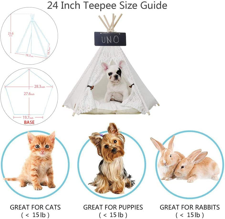 Portable Pet Teepee Bed for Dogs and Cats - 24 Inch Lace Style Tent Without Cushion