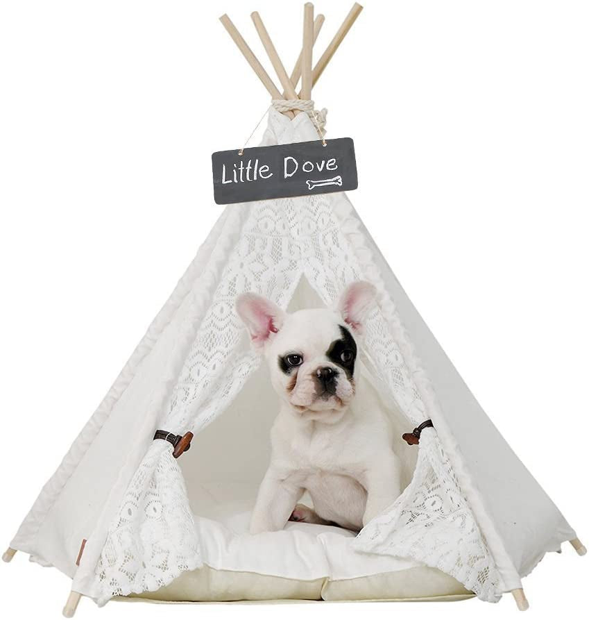 Portable Pet Teepee Bed for Dogs and Cats - 24 Inch Lace Style Tent Without Cushion