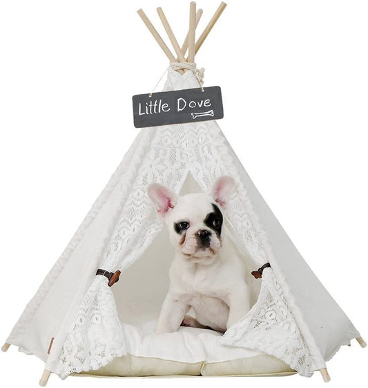 Portable Pet Teepee Bed for Dogs and Cats - 24 Inch Lace Style Tent Without Cushion